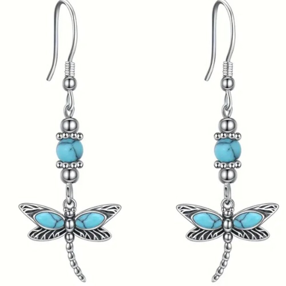 Bohemian Silver Electro-Plated Synthetic Turquoise Dragonfly Dangle Earrings